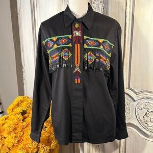 Les Magram New York Long Sleeve Black Beaded Button Down Shirt VINTAGE